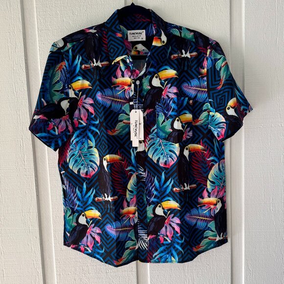 Tunevuse Blue Floral Toucans Camp Hawaiian Shirt Mens Medium Regular Fit - Picture 2 of 3